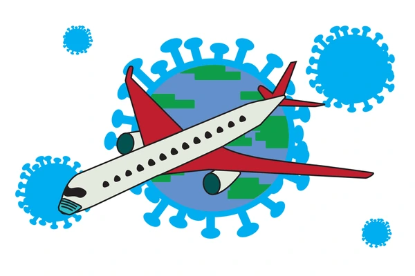 Illustration depicting grounded airplanes and a world map with travel restrictions symbolizing the global impact of the COVID-19 pandemic on the aviation industry.